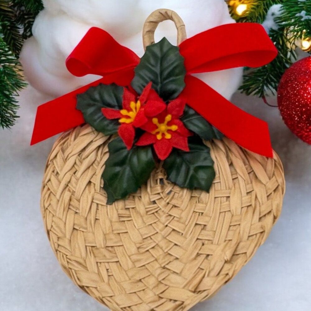 Vintage Wicker Poinsettia Christmas Fridge Magnet with Red Bow Holiday Decor